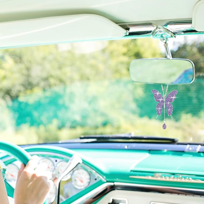 Couslcd Bling Butterfly Diamond Car Accessories, Crystal Car Rear View Mirror Charms for Women, Car Decoration Lucky Gifts Hanging Interior Crystal Ornament Pendant Decor for All Cars (Purple) - Image 5